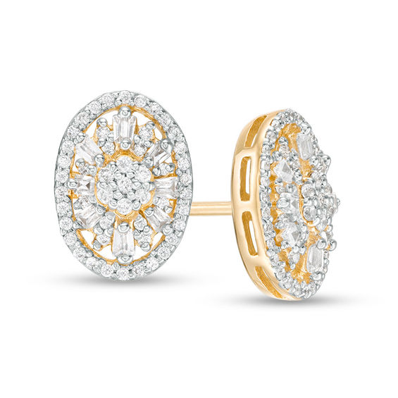 0.30 CT. T.W. Composite Diamond Oval Sunburst Frame Stud Earrings in 10K Gold