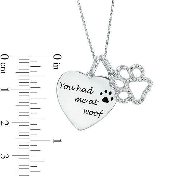 0.10 CT. T.W. Diamond Paw Print Outline and "You had me at woof" Heart Charm Pendant in Sterling Silver