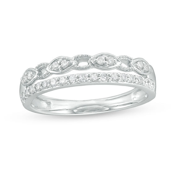 0.24 CT. T.W. Diamond Alternating Marquise Link Vintage-Style Stacked Ring in 10K White Gold