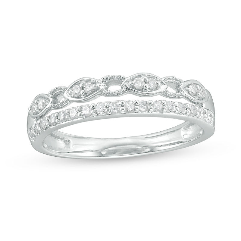 Main Image 1 of 0.24 CT. T.W. Diamond Alternating Marquise Link Vintage-Style Stacked Ring in 10K White Gold