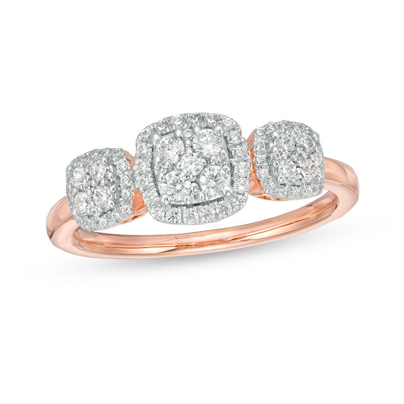 0.45 CT. T.W. Composite Diamond Three Stone Cushion Frame Ring in 10K Rose Gold|Peoples Jewellers