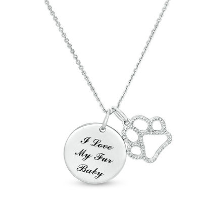 0.10 CT. T.W. Diamond "I LOVE MY FUR BABY" and Paw Print Charm Pendant in Sterling Silver