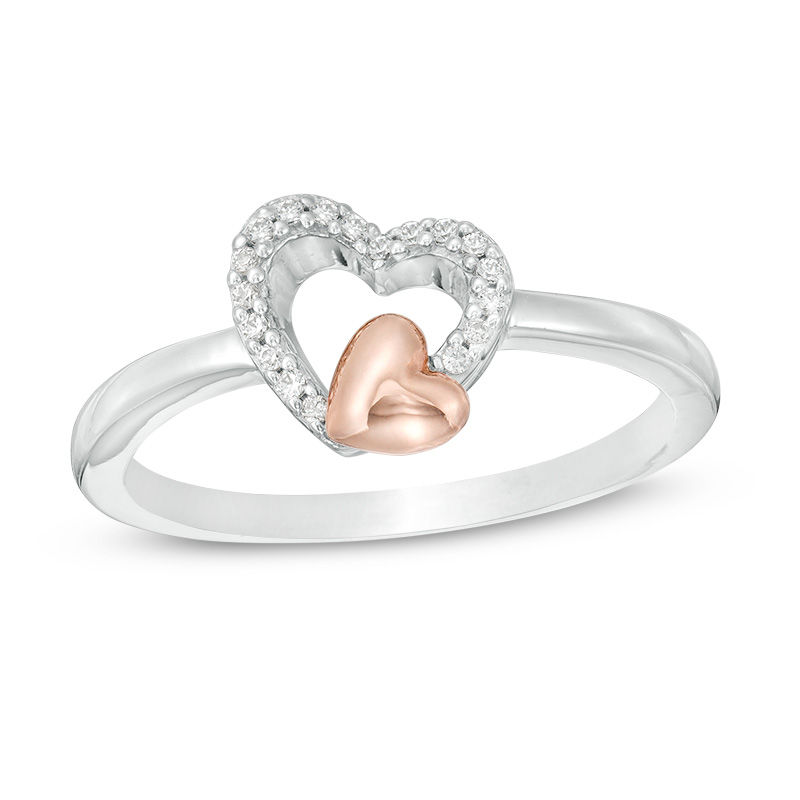 0.07 CT. T.W. Diamond Double Heart Ring in Sterling Silver and 10K Rose Gold|Peoples Jewellers