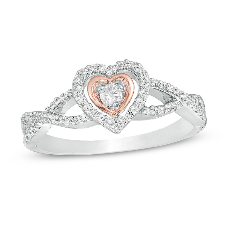0.23 CT. T.W. Diamond Double Heart Twist Ring in Sterling Silver and 10K Rose Gold|Peoples Jewellers