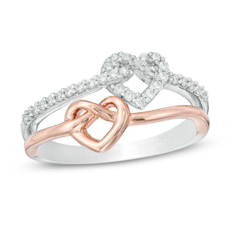 0.145 CT. T.W. Diamond Double Heart Knot Ring in Sterling Silver and 10K Rose Gold|Peoples Jewellers
