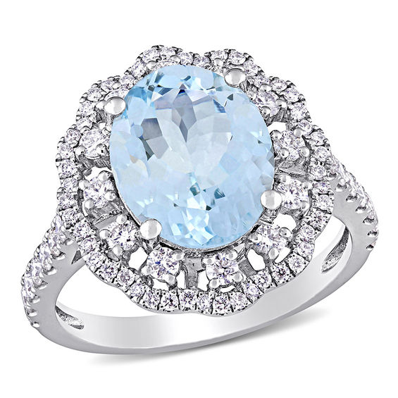 Oval Aquamarine and 0.74 CT. T.W. Diamond Double Scallop Frame Floral ...