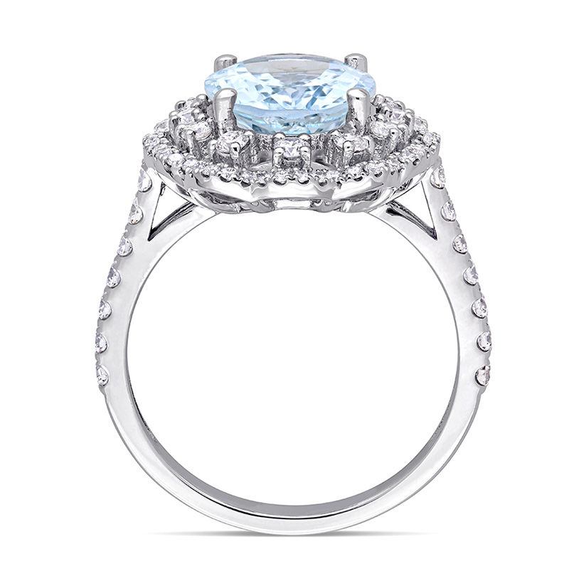 Oval Aquamarine and 0.74 CT. T.W. Diamond Double Scallop Frame Floral Ring in 14K White Gold