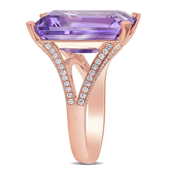 Emerald-Cut Amethyst and 0.44 CT. T.W. Diamond Split Shank Ring in 14K Rose Gold