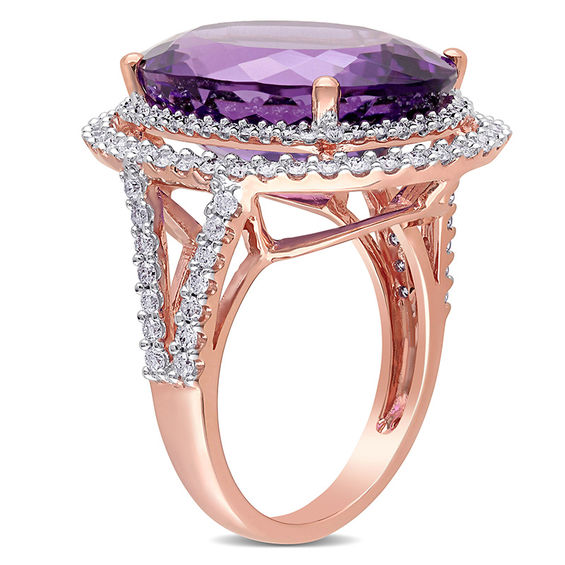 Oval Amethyst and 0.93 CT. T.W. Diamond Double Frame Split Shank Ring in 14K Rose Gold