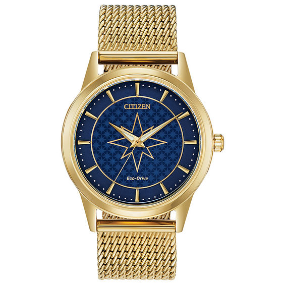 Ladies' Citizen Eco-Drive® Captain Marvel Gold-Tone Mesh Watch with Blue Dial (Model: FE7062-51W)