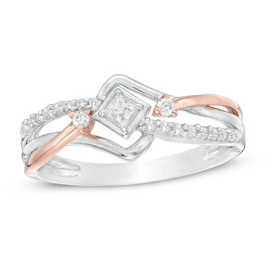 0.18 CT. T.W. Princess-Cut Diamond Split Shank Ring in Sterling Silver and 10K Rose Gold