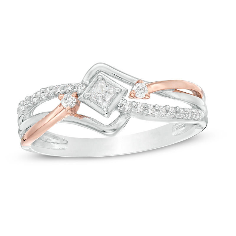 0.18 CT. T.W. Princess-Cut Diamond Split Shank Ring in Sterling Silver and 10K Rose Gold|Peoples Jewellers