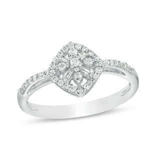 0.25 CT. T.W. Baguette and Round Diamond Tilted Cushion Frame Art Deco Ring in 10K White Gold