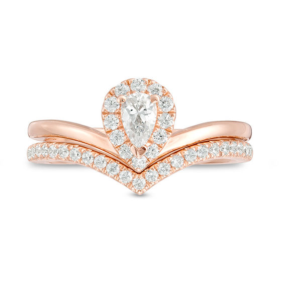 0.50 CT. T.W. Pear-Shaped Diamond Frame Chevron Bridal Set in 14K Rose Gold