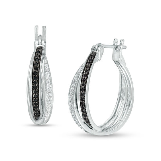 0.23 CT. T.W. Enhanced Black and White Diamond Criss-Cross Hoop Earrings in 10K White Gold