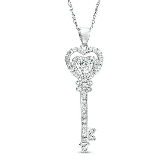 Lab-Created White Sapphire Heart-Top Key Pendant in Sterling Silver ...