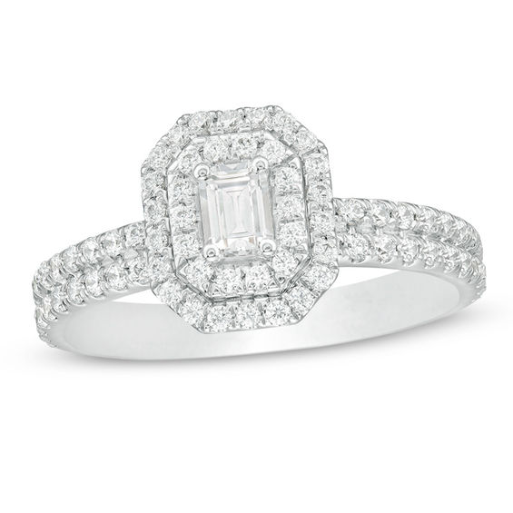 1.00 CT. T.W. Certified Canadian Emerald-Cut Diamond Double Frame Engagement Ring in 14K White Gold (I/SI2)