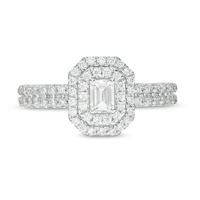 1.00 CT. T.W. Certified Canadian Emerald-Cut Diamond Double Frame Engagement Ring in 14K White Gold (I/SI2)