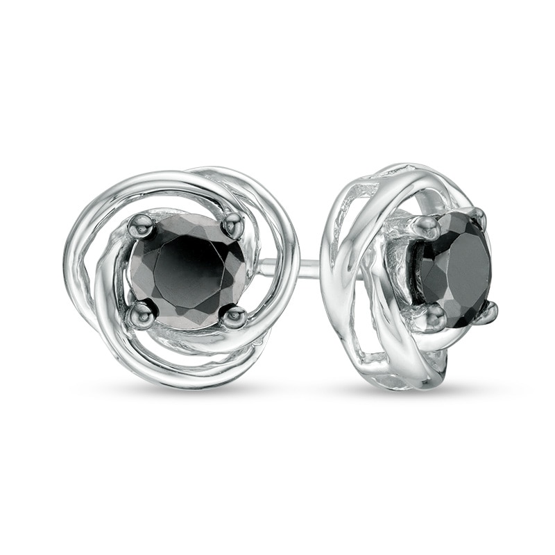 Main Image 1 of 0.69 CT. T.W. Black Diamond Solitaire Love Knot Stud Earrings in 10K White Gold