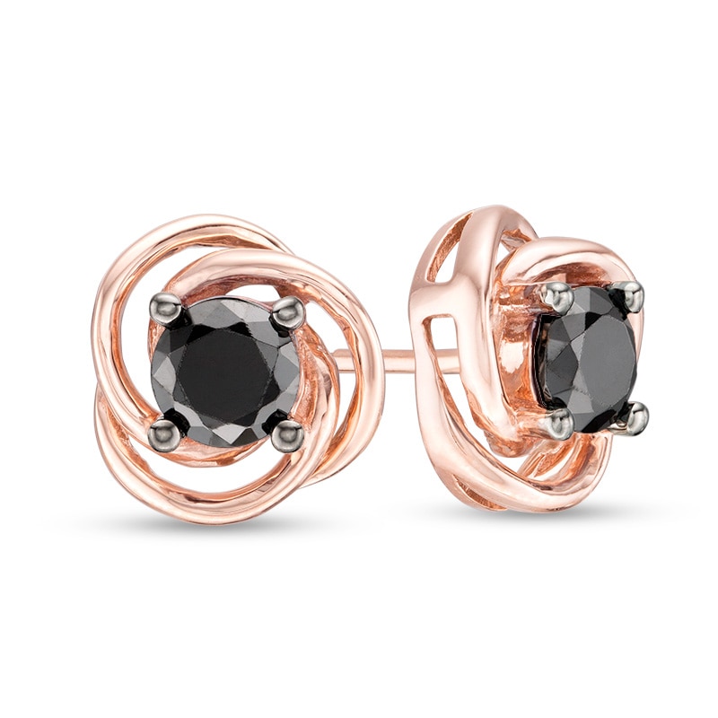 Main Image 1 of 0.69 CT. T.W. Black Diamond Solitaire Love Knot Stud Earrings in 10K Rose Gold