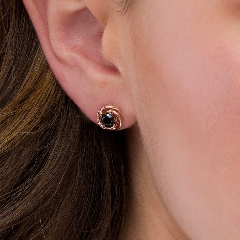 Main Image 2 of 0.69 CT. T.W. Black Diamond Solitaire Love Knot Stud Earrings in 10K Rose Gold