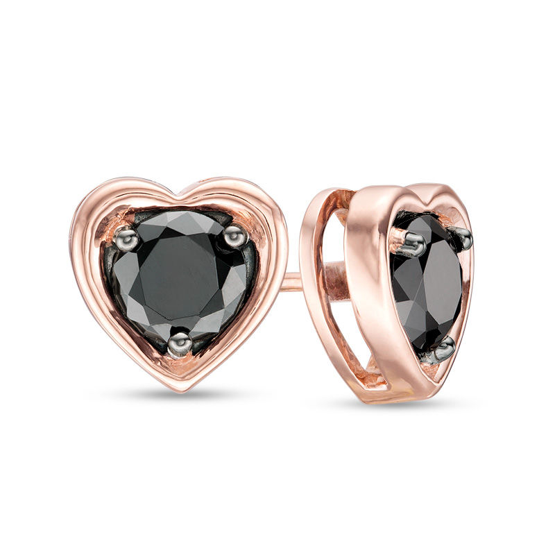 Main Image 1 of 0.95 CT. T.W. Black Diamond Solitaire Heart Stud Earrings in 10K Rose Gold