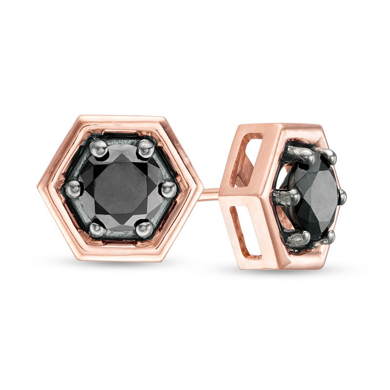 Main Image 1 of 0.95 CT. T.W. Black Diamond Solitaire Hexagon Stud Earrings in 10K Rose Gold