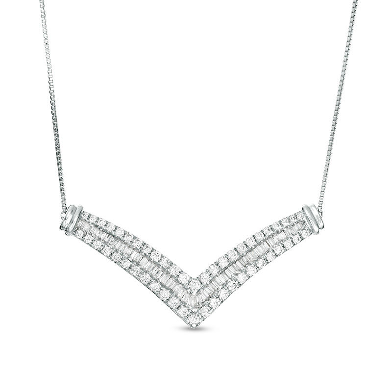0.95 CT. T.W. Baguette and Round Diamond Multi-Row Chevron Necklace in 10K White Gold