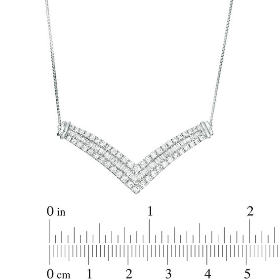 0.95 CT. T.W. Baguette and Round Diamond Multi-Row Chevron Necklace in 10K White Gold