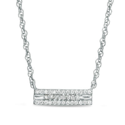 0.115 CT. T.W. Baguette and Round Diamond Bar Necklace in Sterling Silver - 17.5"