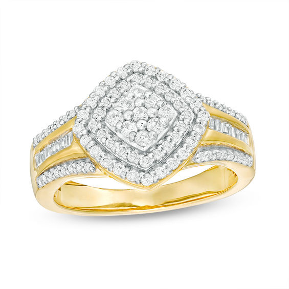 0.45 CT. T.W. Multi-Diamond Tilted Cushion Frame Multi-Row Ring in 10K Gold