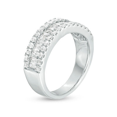 0.95 CT. T.W. Baguette and Round Diamond Triple-Row Ring in 10K White Gold