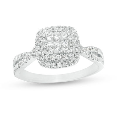 0.50 CT. T.W. Princess-Cut Composite Diamond Double Cushion Frame Twist Engagement Ring in 10K White Gold