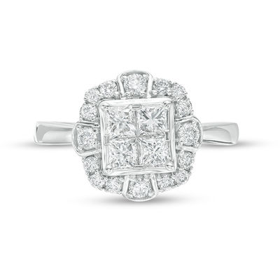 1.00 CT. T.W. Quad Princess-Cut Diamond Scallop Frame Engagement Ring in 10K White Gold