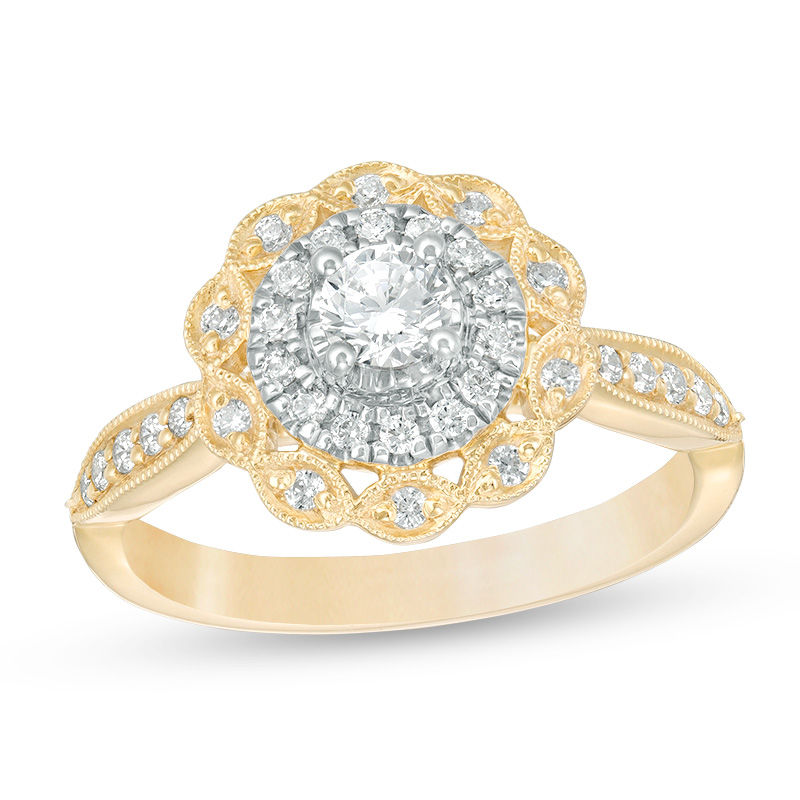 0.50 CT. T.W. Diamond Scallop Frame Vintage-Style Engagement Ring in 10K Two-Tone Gold|Peoples Jewellers