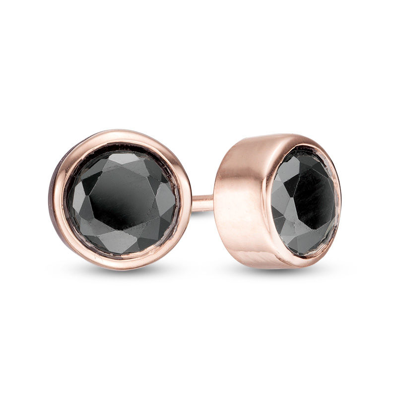 Main Image 1 of 0.69 CT. T.W. Black Diamond Bezel-Set Solitaire Stud Earrings in 10K Rose Gold