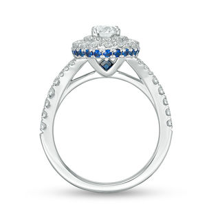 Vera Wang Love Collection 1.18 CT. T.W. Oval Diamond and Blue Sapphire Double Frame Engagement Ring in 14K White Gold