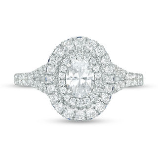 Vera Wang Love Collection 1.18 CT. T.W. Oval Diamond and Blue Sapphire Double Frame Engagement Ring in 14K White Gold