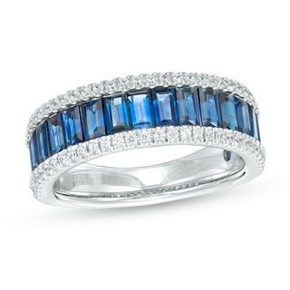 Vera Wang Love Collection 0.23 CT. T.W. Diamond and Baguette Blue Sapphire Multi-Row Wedding Band in 14K White Gold