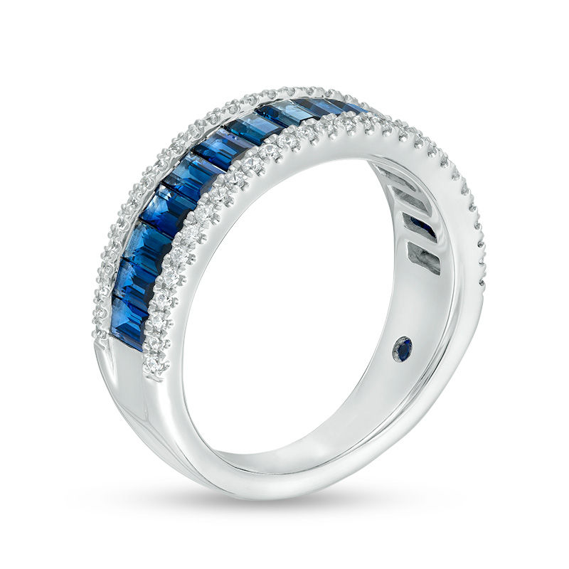 Vera Wang Love Collection 0.23 CT. T.W. Diamond and Baguette Blue Sapphire Multi-Row Wedding Band in 14K White Gold