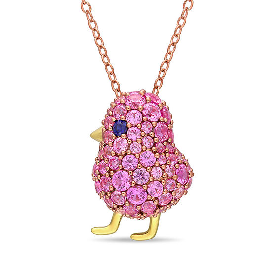 Lab-Created Pink and Blue Sapphire Chick Pendant in Sterling Silver with Two-Tone Rhodium