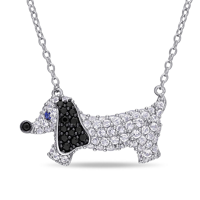 Lab-Created White and Blue Sapphire and Black Spinel Dachshund Necklace in Sterling Silver - 17"|Peoples Jewellers