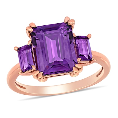 Emerald-Cut Amethyst Three Stone Ring in 14K Rose Gold