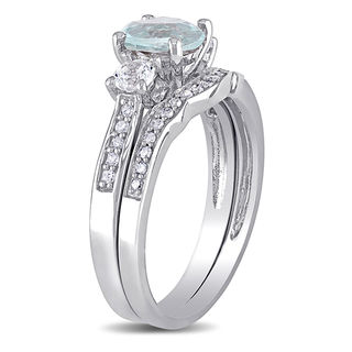 Aquamarine, Lab-Created White Sapphire and 0.12 CT. T.W. Diamond Three Stone Bridal Set in 10K White Gold