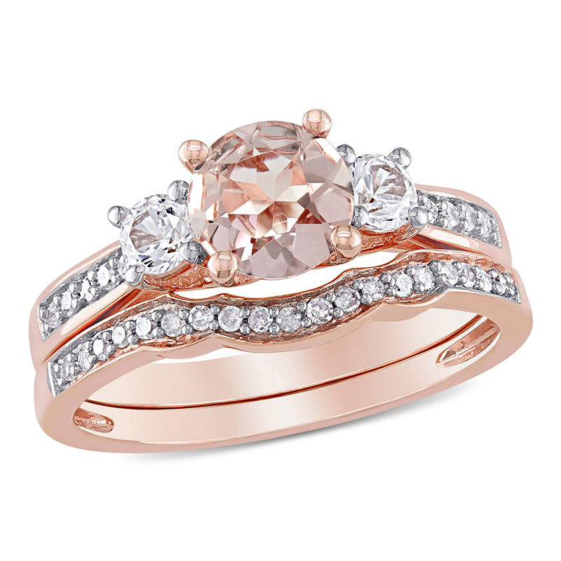 Morganite, Lab-Created White Sapphire and 0.12 CT. T.W. Diamond Three Stone Bridal Set in 10K Rose Gold|Peoples Jewellers