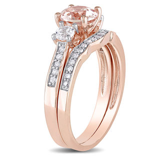 Morganite, Lab-Created White Sapphire and 0.12 CT. T.W. Diamond Three Stone Bridal Set in 10K Rose Gold