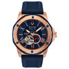 Thumbnail Image 0 of Men's Bulova Marine Star Automatic Rose-Tone Strap Watch with Blue Skeleton Dial (Model: 98A227)