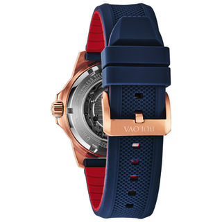 Men's Bulova Marine Star Automatic Rose-Tone Strap Watch with Blue Skeleton Dial (Model: 98A227)