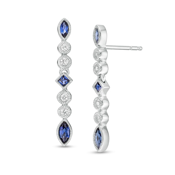 Multi-Shaped Lab-Created Blue and White Sapphire Vintage-Style Drop Earrings in Sterling Silver