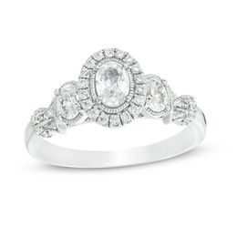 0.95 CT. T.W. Oval Diamond Past Present Future® Frame Vintage-Style Engagement Ring in 14K White Gold